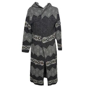 Sioni L Duster Cardigan Sweater Beige/Black Aztec Southwest Long Open Front Hood
